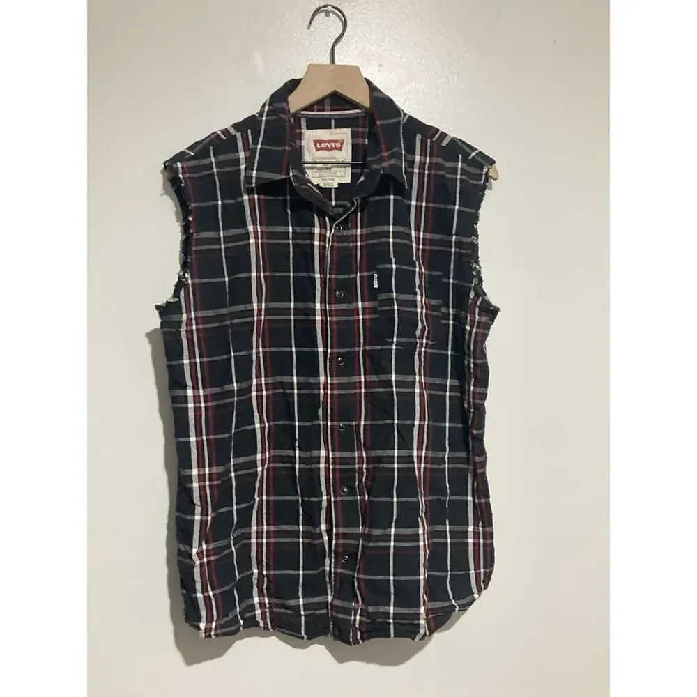 Levis Cutoff Sleeveless Shirt Vest Mens M Black Red White Button Down Flannel